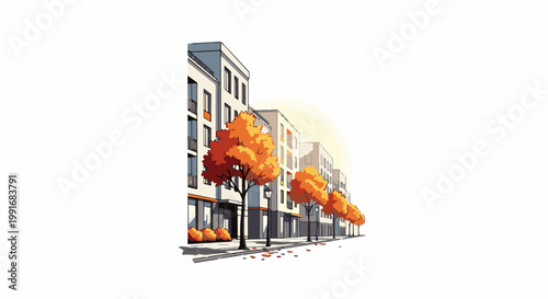 Autumnal street scene with modern buildings and fiery trees