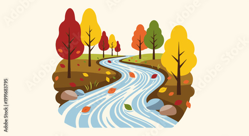 Autumnal stream flows through colorful trees and fallen leaves