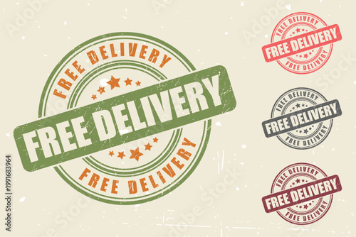 Grunge Rubber Stamp in various color Featuring Free Delivery Text for Logistics Shipping and Online Shopping Promotions