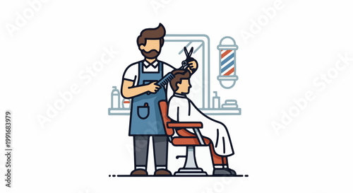 Barber cutting hair of client in chair with comb and scissors