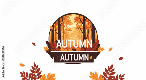 Autumnal forest scene with falling leaves and text