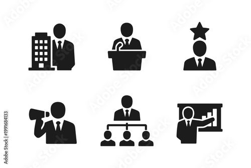 Business leadership solid black icon set vector illustration