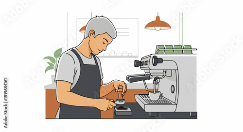 Barista preparing espresso with coffee machine and tamper