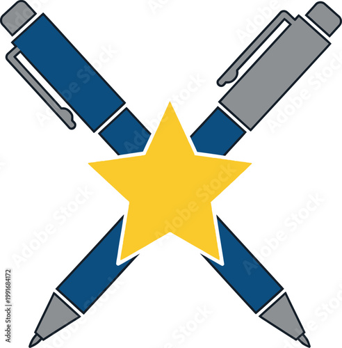Crossed Pens and Yellow Star Vector: Blue and Grey Ballpoint Pens with Gold Star Icon, Symbol for Academic Excellence, Content Creation, Professional Writing, Best Author, and Creative Achievement.

