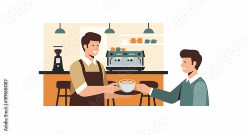 Barista serving latte art coffee to customer at counter