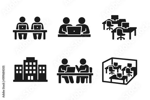 Coworking office workspace solid black icon set vector illustration