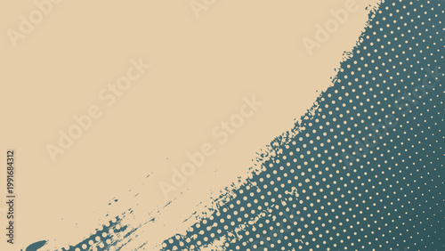 Vector of Beige and Teal Halftone Brush Texture Background with Abstract Grunge Border and Retro Artistic Design