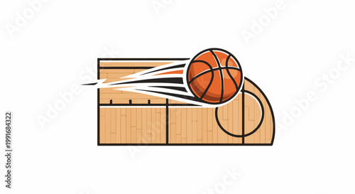 Basketball action graphic with ball in motion over court lines