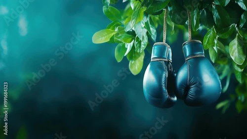 Blue boxing gloves hanging on green leaves with nature background
