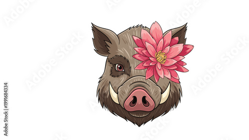 Detailed head of a wild boar with large tusks featuring a vibrant pink lotus flower tucked behind its ear against white.