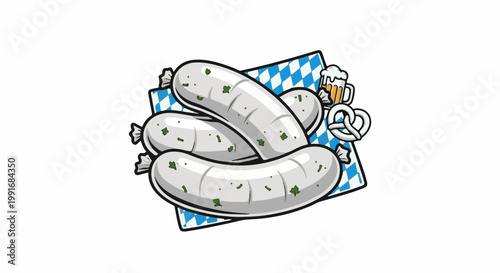 Bavarian white sausages with pretzel and beer on checkered cloth
