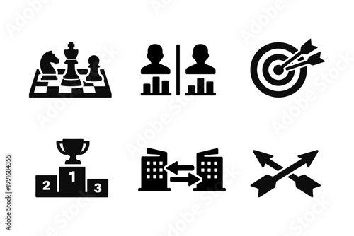Business competition strategy solid black icon set vector illustration