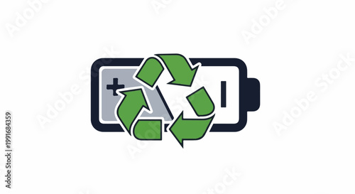 Battery symbol with recycling arrows in green and black outline