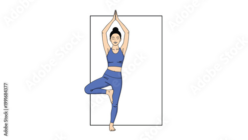 Graceful woman in blue activewear performing a yoga tree pose within a minimalist rectangular frame on white background.