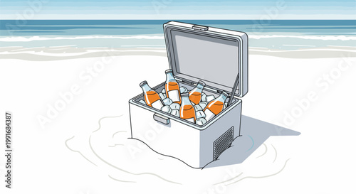 Beach cooler with refreshing drinks and ice on sandy shore