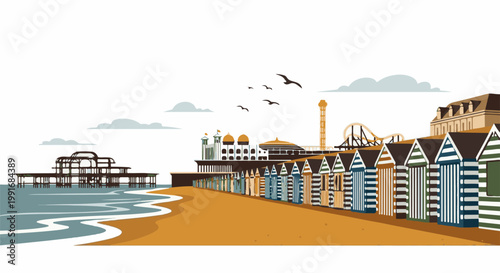 Beach huts line a sandy shore, with piers and amusement rides in the background
