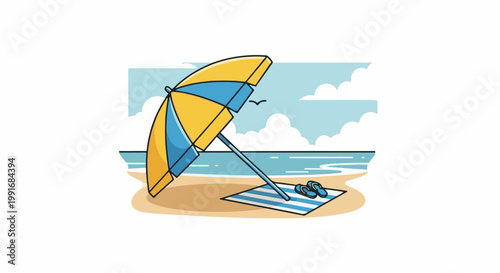 Beach umbrella on sand with a towel and flip flops, ocean backdrop