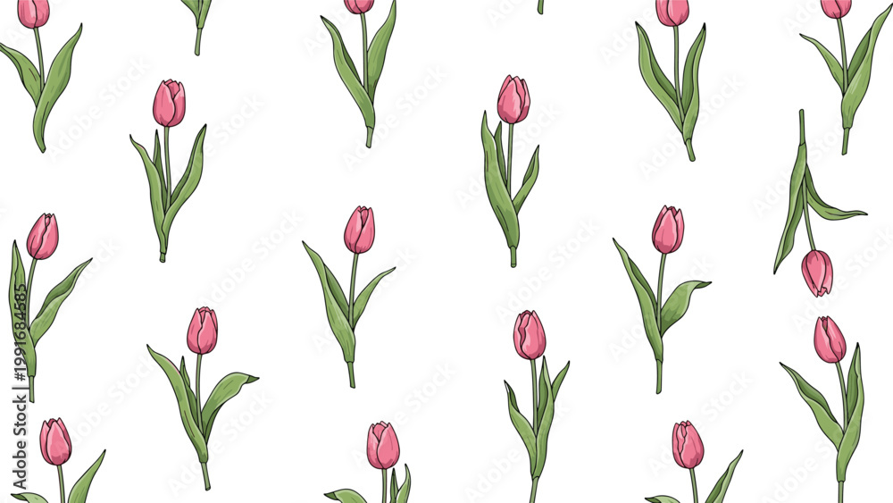 Obraz premium Charming seamless pattern of pink tulips with slender green leaves scattered elegantly over a clean white background.