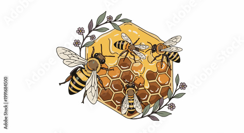 Bees on a dripping honeycomb surrounded by sprigs with small flowers