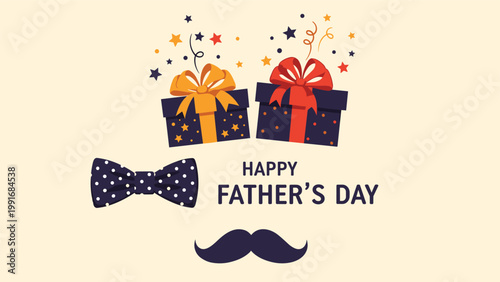 Festive Father's Day greeting with blue polka dot gift boxes, a matching bow tie, a mustache icon, and colorful stars.