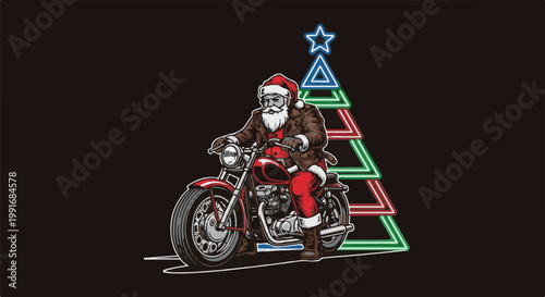 Biker Santa on motorcycle with neon Christmas tree