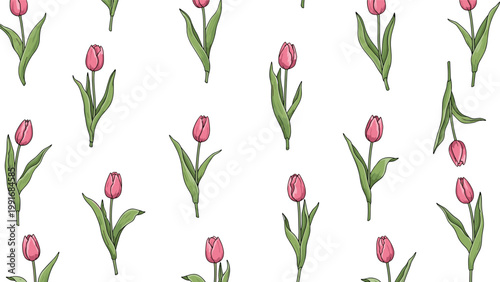 Charming seamless pattern of pink tulips with slender green leaves scattered elegantly over a clean white background.