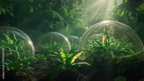 Futuristic greenhouse domes in lush jungle with sunlight filtering through trees