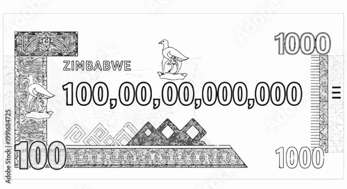 Black and white depiction of a high-denomination banknote with national emblems and numerical value