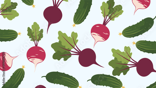 Fresh vegetable pattern features ripe purple radishes with green leafy tops and whole green cucumbers on a light blue background.