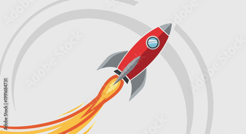 Animated red rocket blasting off into space leaving fiery trails