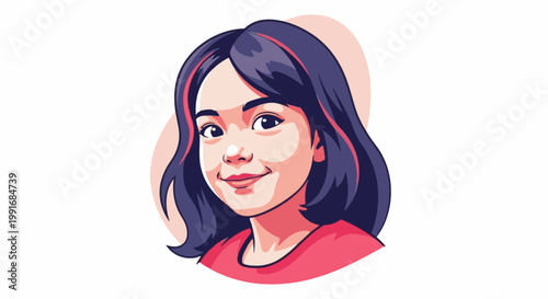 Animated portrait of a young girl with dark hair and a red top