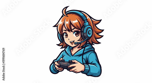Anime character in blue hoodie with headphones and controller plays video games
