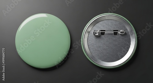 Two blank, round, light green button badges shown from the front and back, isolated on a dark gray background.