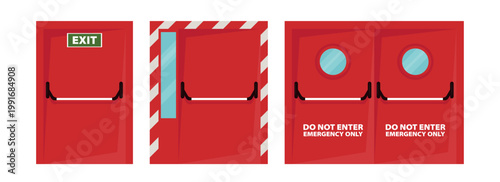 Set of red emergency exit doors in cartoon style. Vector illustration of an exit door with inscriptions: do not enter emergency only, round, rectangular windows, handles isolated on white background.