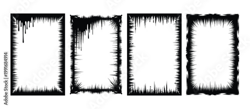 Black Grunge Distressed Rectangle Border Frame Collection, Ink Drip Spike Bristle Splatter Edge Styles, Black Horror Grunge Border Frames