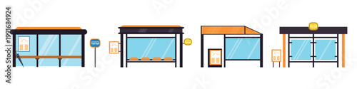 Set of city bus stops in cartoon style. Vector illustration of different types of stops for passengers, canopies, public transport timetable maps, road signs, seats isolated on white background.