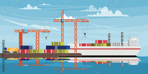 Vector illustration of cargo port with container ship, cranes and truck. Industrial seaport terminal with freight containers, shipping logistics and harbor reflection.