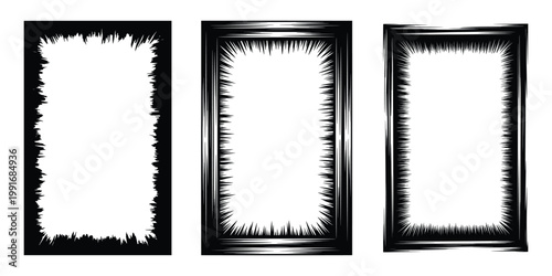 Black Grunge Spike Bristle Border Frame Collection, Distressed Jagged Edge Rectangle Frames, Black Grunge Rectangle Frame Bundle