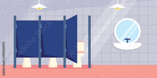 Vector illustration of public toilet room interior. Cartoon scene of toilets, three cubicles with doors, washbasin, with cold and hot water tap, large round mirror, chandeliers with light bulbs.