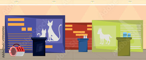 Vector illustration of veterinary clinic interior with pet care posters, cat and dog information boards, pet carrier and medicine display.