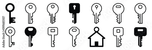 Vintage Key Icon Set with Old Key Silhouettes, Access and Security Symbols Collection, House Key and Password Concept Icons for Lock, Protection, Privacy, and Digital Safety Design