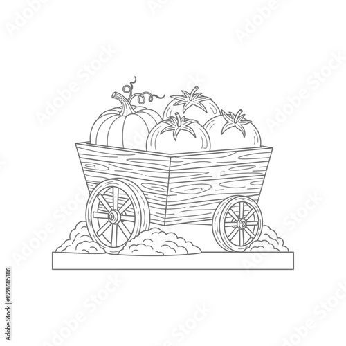 Wooden farm cart filled with harvested pumpkins and tomatoes line art illustration