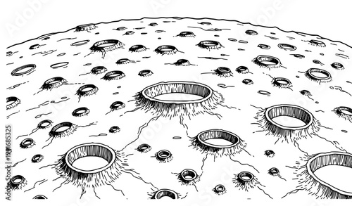 SEO Friendly Title:
Moon Landscape Line Art Vector Illustration of Cratered Planetary Terrain