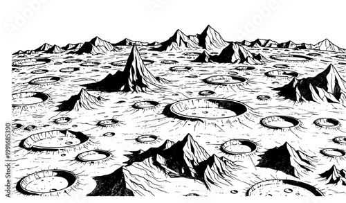 SEO Friendly Title:
Moon Landscape Line Art Vector Illustration of Cratered Planetary Terrain