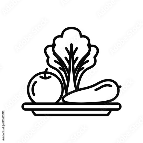 Fresh organic vegetables and green salad leaves on plate line art vector icon for healthy nutrition and wellness and diet program and culinary website interface and restaurant menu design assets