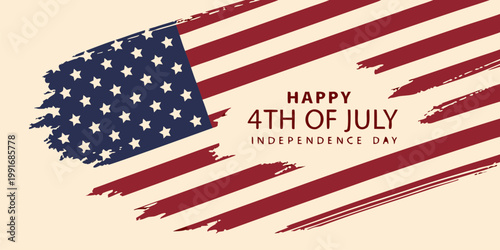 United States Independence Day banner with brush stroke flag and Happy 4th of July greeting illustration.