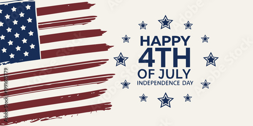 Happy Fourth of July banner with patriotic American flag brush strokes for Independence Day celebration design.