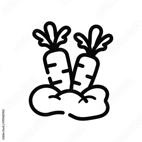 Linear outline icon of two carrots growing in the dirt representing fresh vegetables and farm produce as a clean professional vector graphic for design