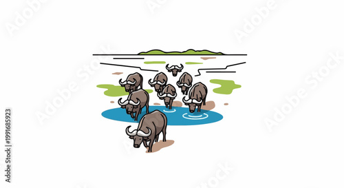 Herd of buffaloes drinking water from a blue pool in a savanna scene