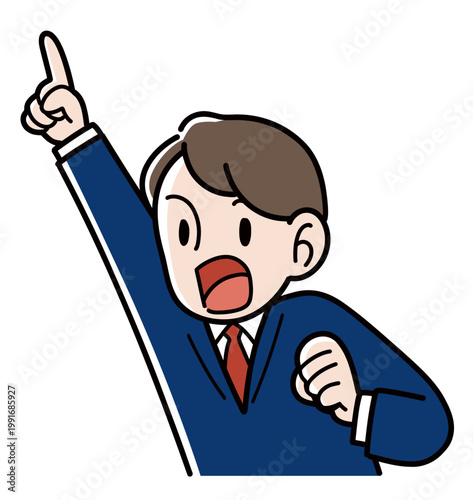 Energetic male student in blazer pointing up and making a strong statement half length illustration